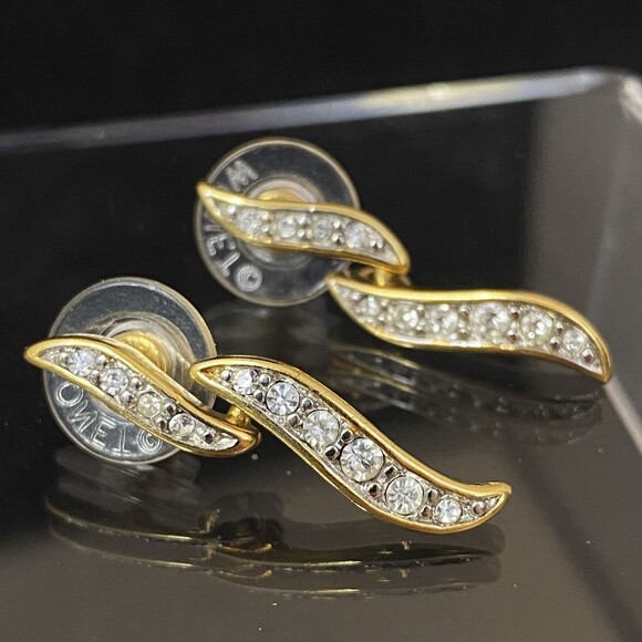 Monet Gold & White Rhinestone Feather Leaf Dangle Post Earrings - Picture 3 of 10